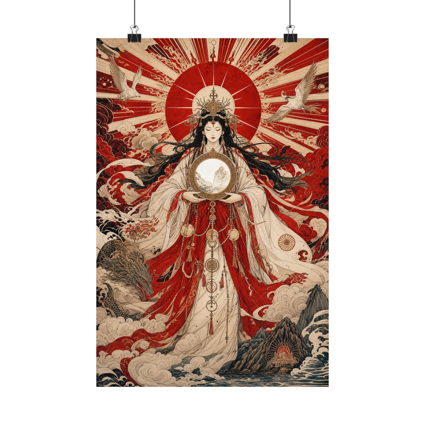 Amaterasu Sun Goddess With Mirror - Japanese Mythology Art Print (Matte Poster)