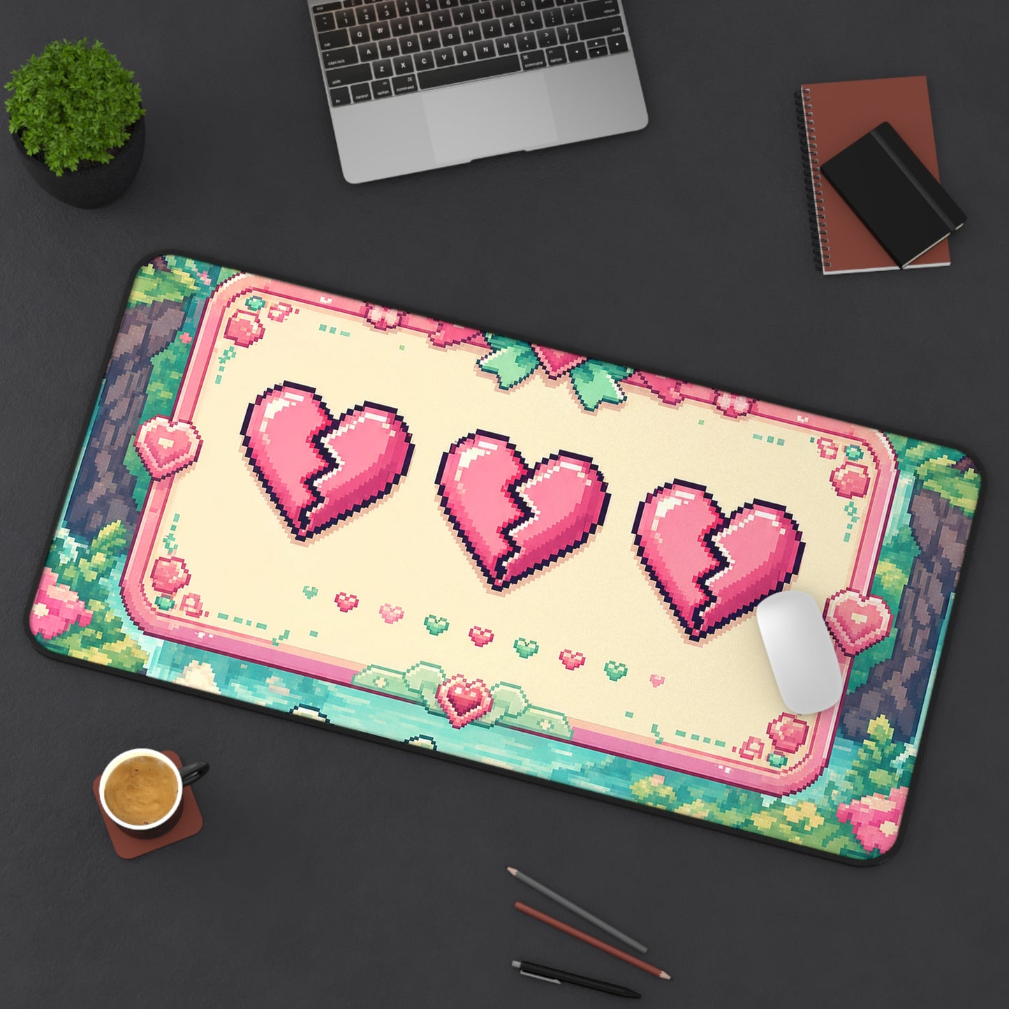Cute Game Over Screen With Hearts - Kawaii Gaming Gaming Desk Mat
