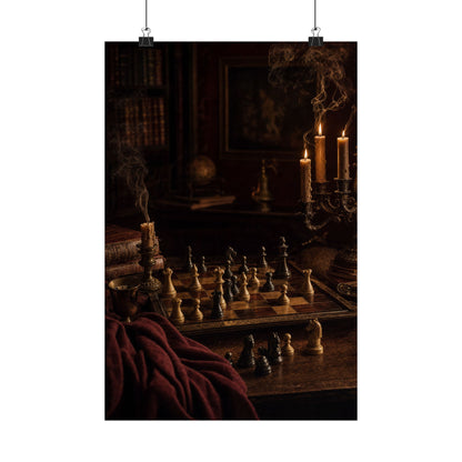 Chess Board Mid-Game In Candlelight - Dark Academia Art Print (Matte Poster)