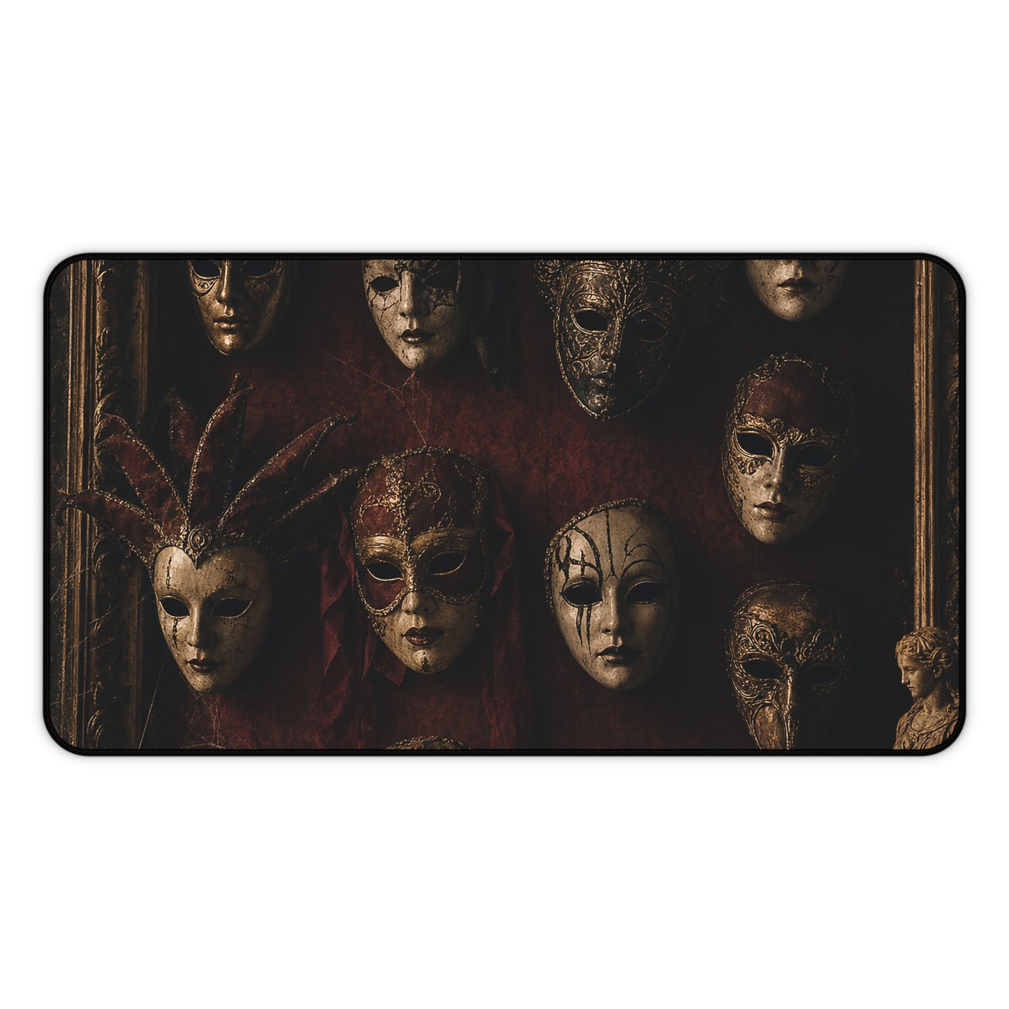 Mask Collection On Wall - Dark Academia Gaming Desk Mat