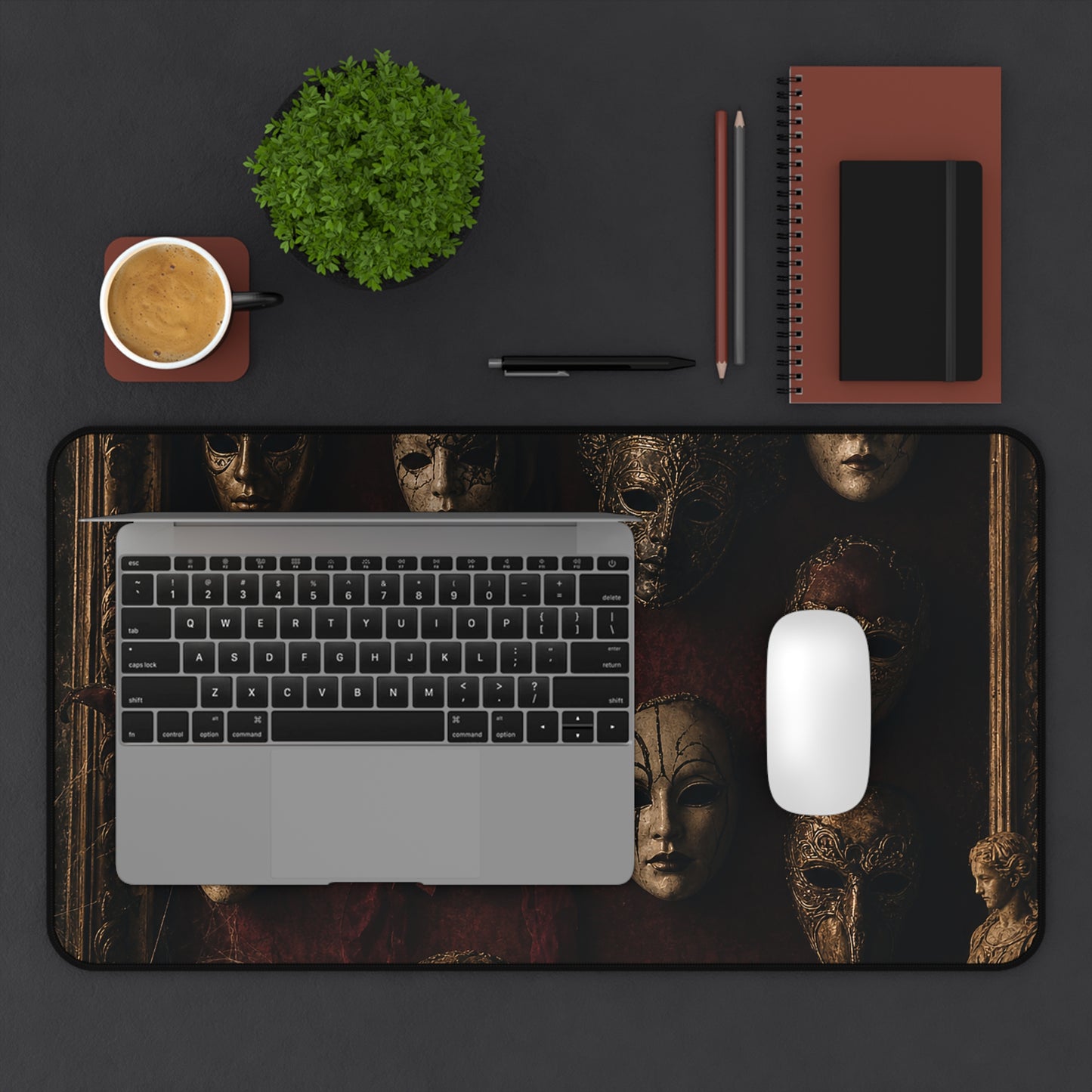 Mask Collection On Wall - Dark Academia Gaming Desk Mat