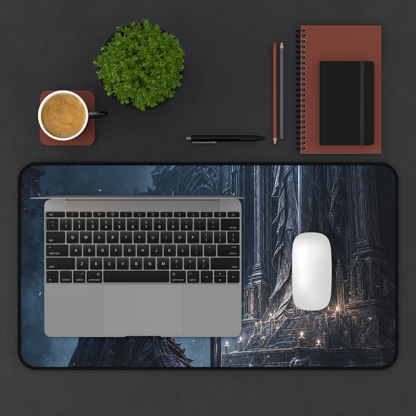 Dark Knight Kneeling Before Shrine - Dark Fantasy Gaming Desk Mat