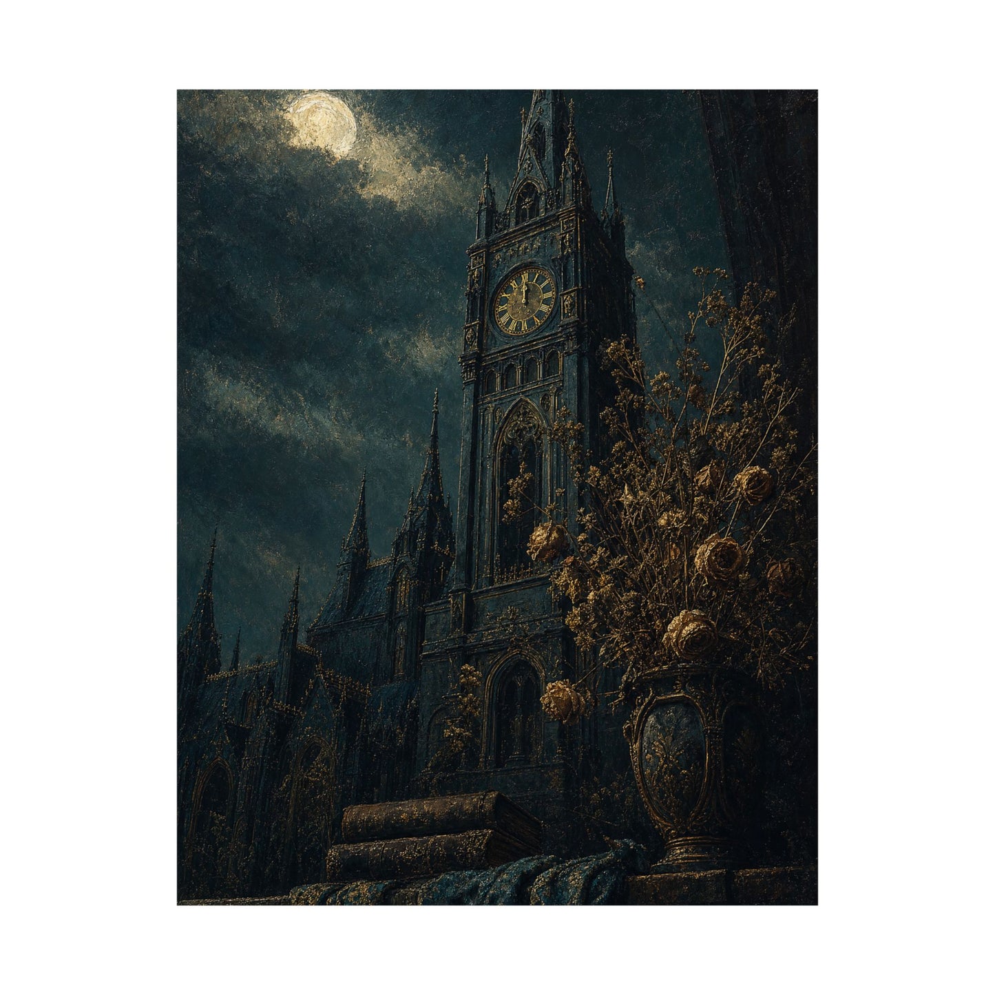 Clock Tower At Midnight - Dark Academia Art Print (Matte Poster)
