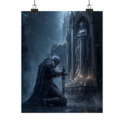 Dark Knight Kneeling Before Shrine - Dark Fantasy Art Print (Matte Poster)
