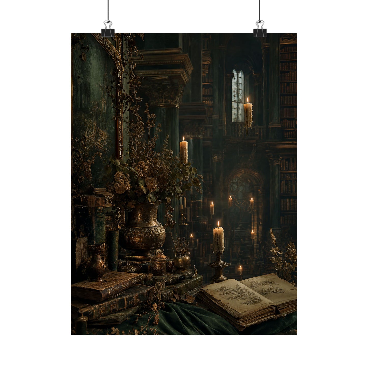 Ancient Library With Floating Candles - Dark Academia Art Print (Matte Poster)