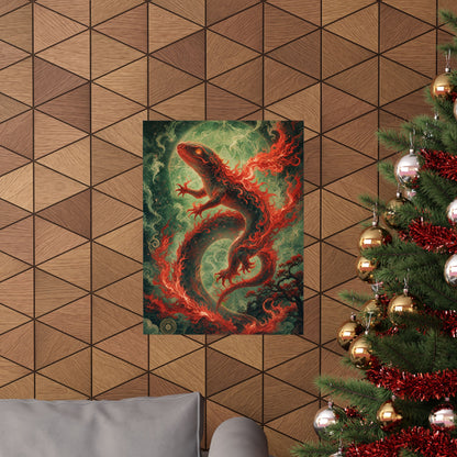 Salamander Spirit In Flame - Japanese Mythology Art Print (Matte Poster)