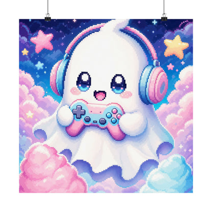 Cute Gaming Ghost With Controller - Kawaii Gaming Art Print (Matte Poster)