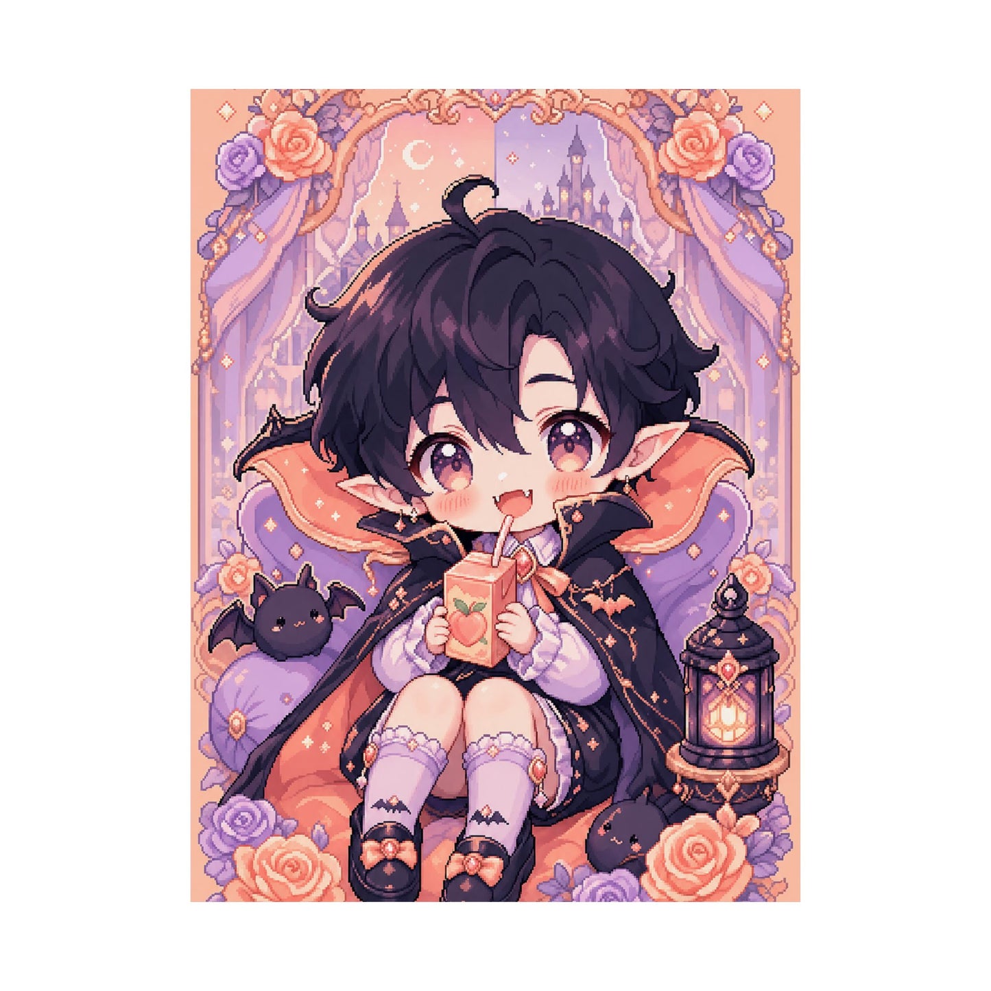 Chibi Vampire With Juice Box - Kawaii Gaming Art Print (Matte Poster)