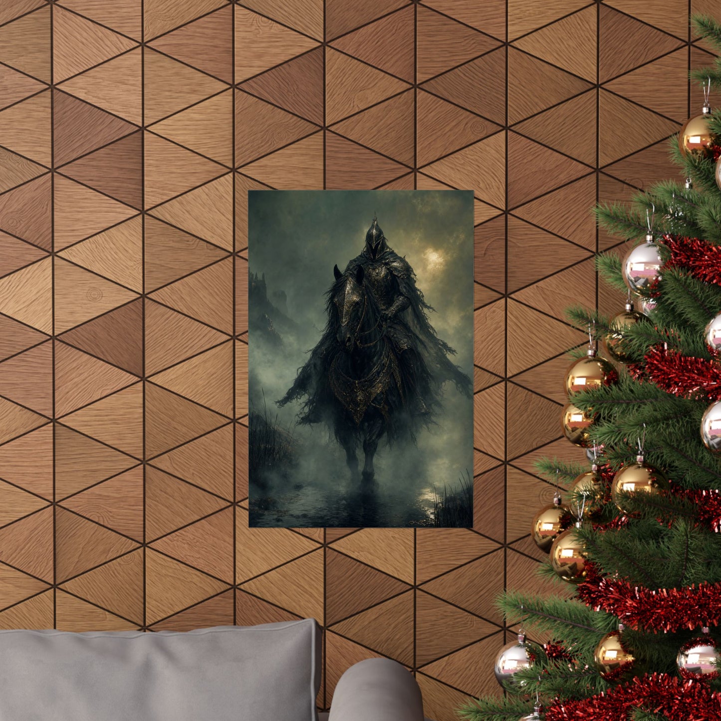Black Knight Riding Through Mist - Dark Fantasy Art Print (Matte Poster)
