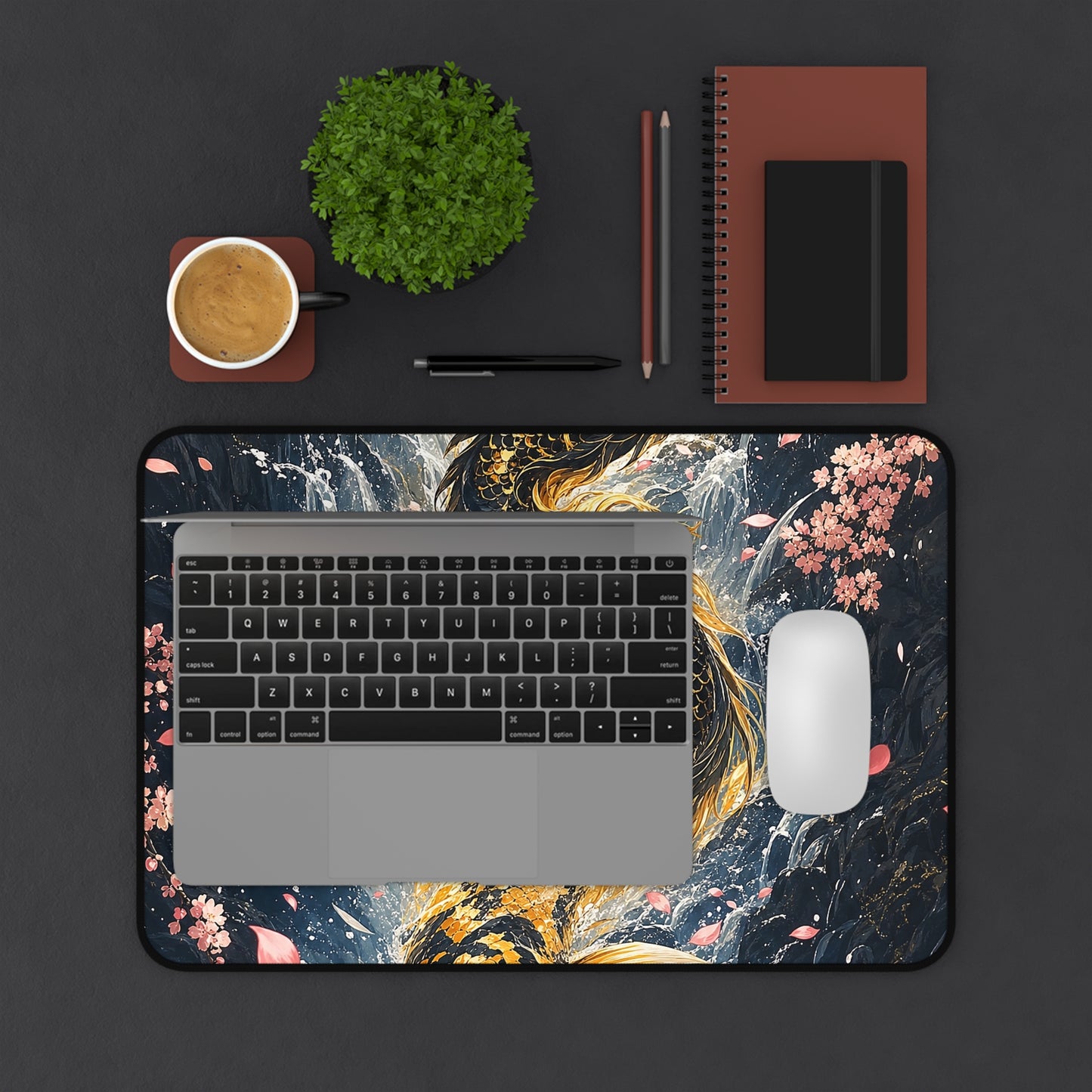 Koi Fish Swimming Upstream Becoming Dragon - Japanese Mythology Gaming Desk Mat