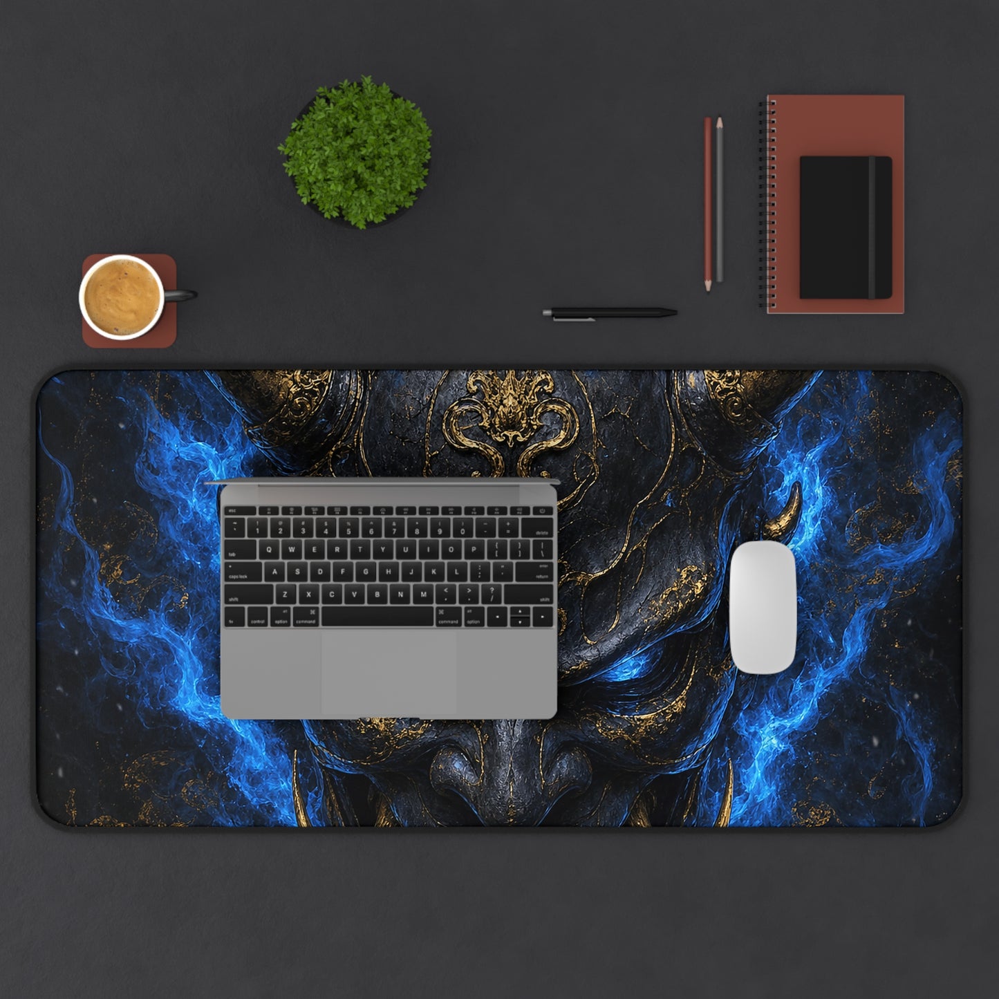 Oni Mask Engulfed In Blue Flames - Sudoni Brand Gaming Desk Mat