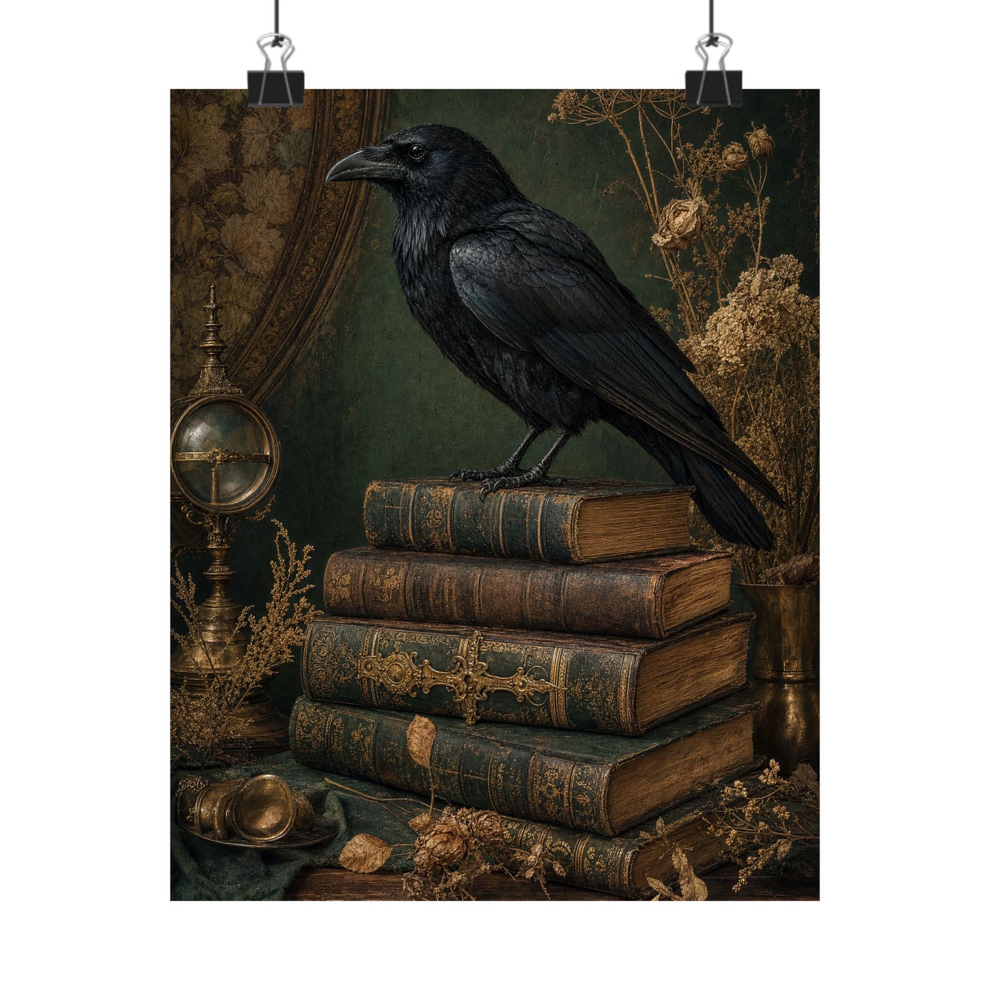 Raven On Stack Of Old Books - Dark Academia Art Print (Matte Poster)
