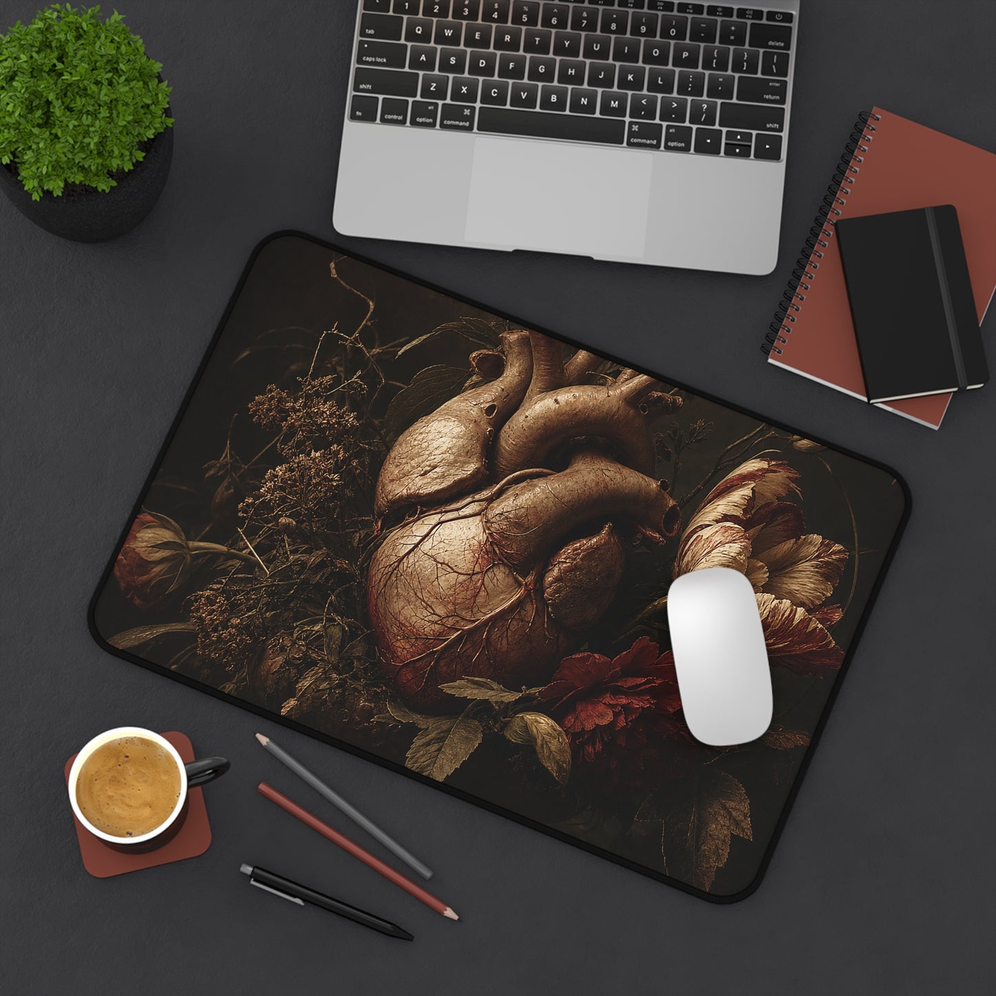 Anatomical Heart With Flowers - Dark Academia Gaming Desk Mat