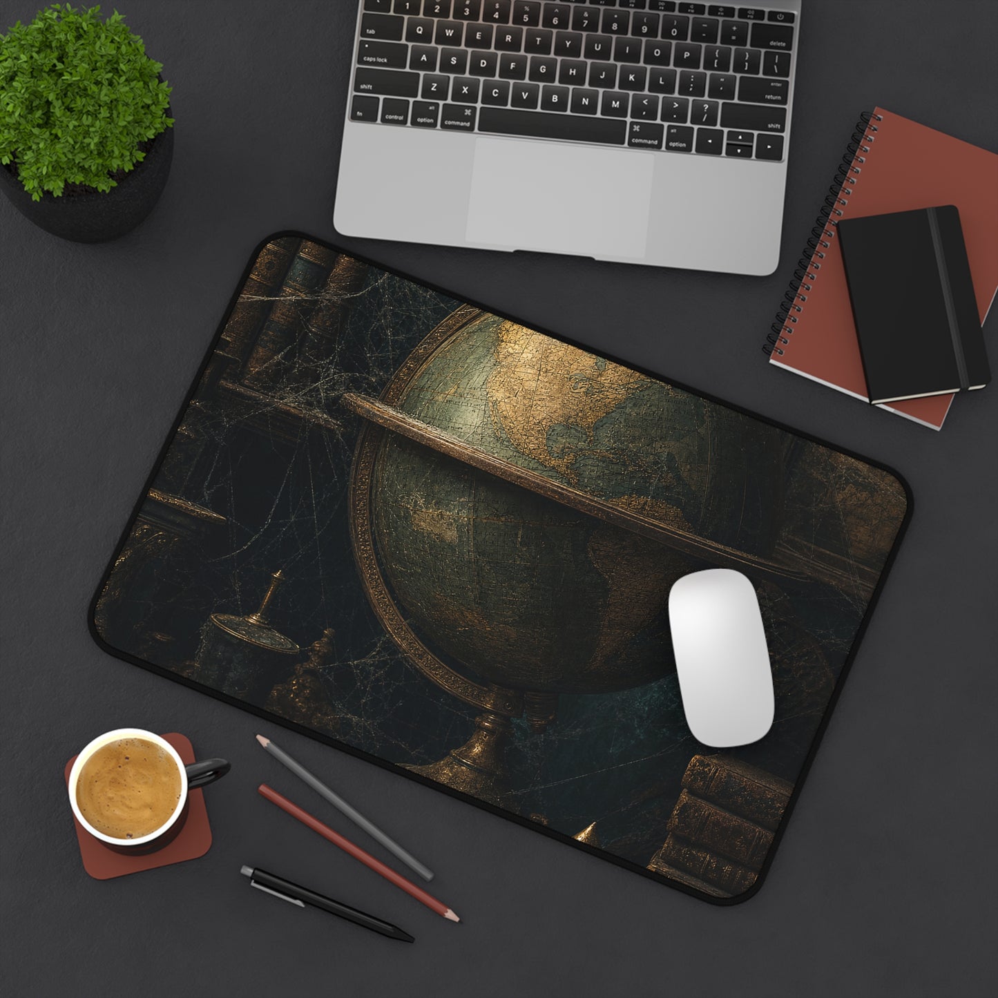 Old Globe In Dark Study - Dark Academia Gaming Desk Mat