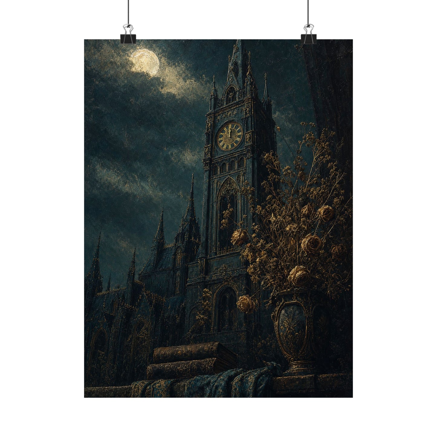 Clock Tower At Midnight - Dark Academia Art Print (Matte Poster)