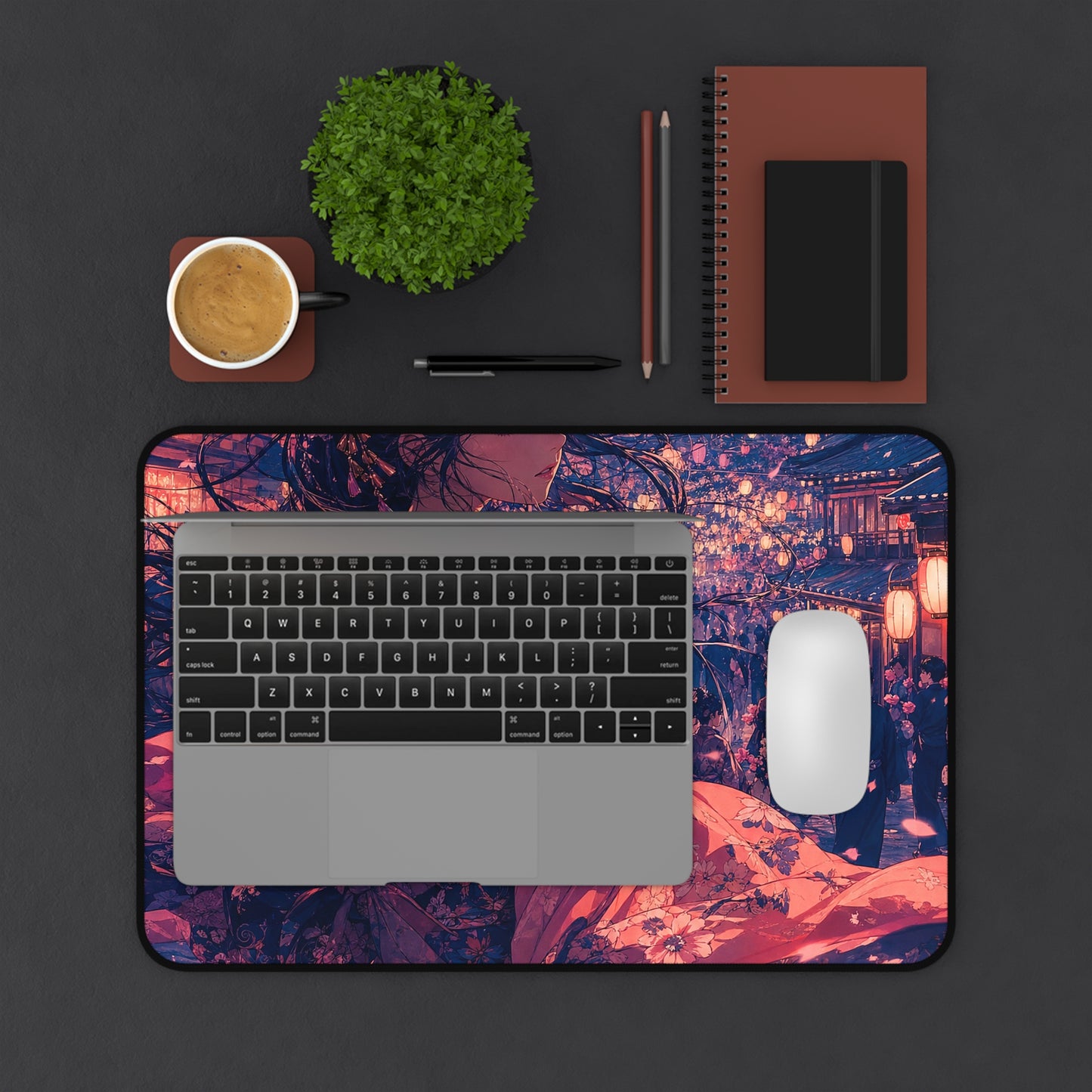 Street Festival With Paper Lanterns - Anime Manga Gaming Desk Mat