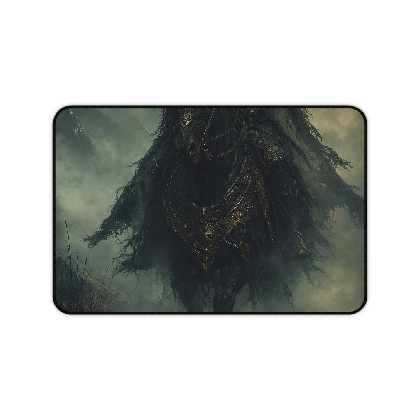 Black Knight Riding Through Mist - Dark Fantasy Gaming Desk Mat
