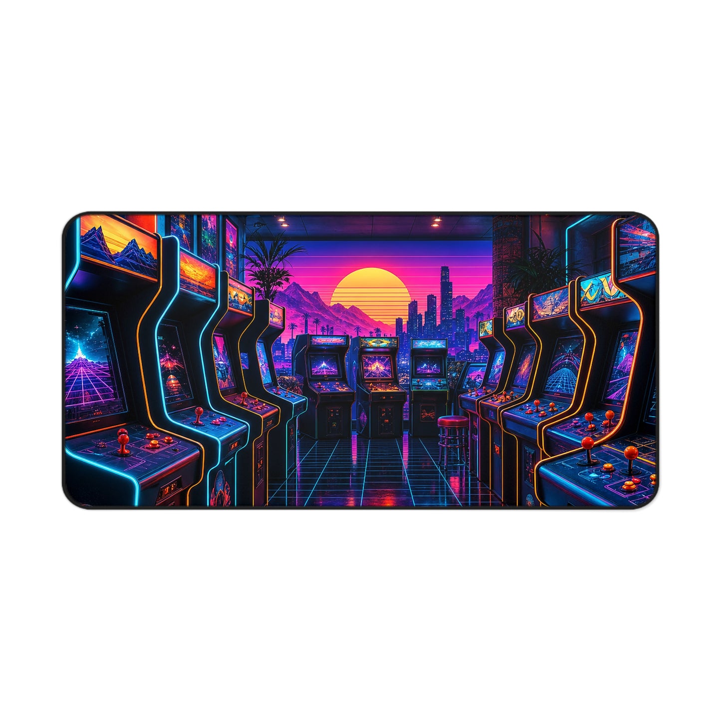 Neon Arcade With Multiple Cabinets - Gaming Culture Gaming Desk Mat