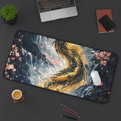 Koi Fish Swimming Upstream Becoming Dragon - Japanese Mythology Gaming Desk Mat
