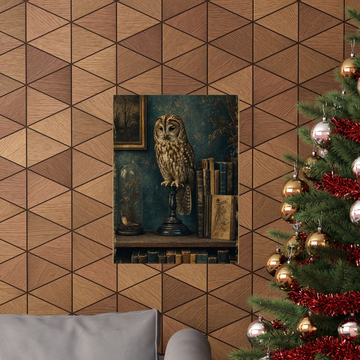 Taxidermy Owl On Bookshelf - Dark Academia Art Print (Matte Poster)