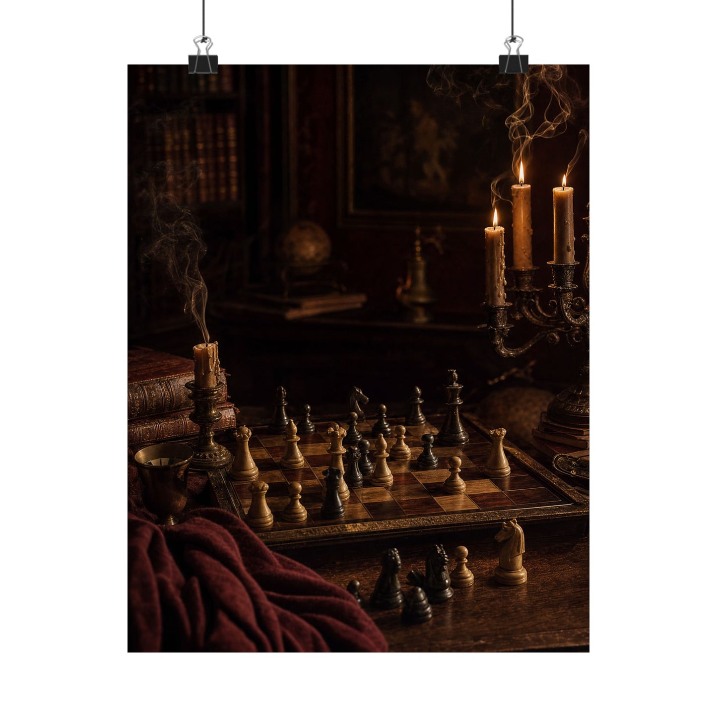 Chess Board Mid-Game In Candlelight - Dark Academia Art Print (Matte Poster)