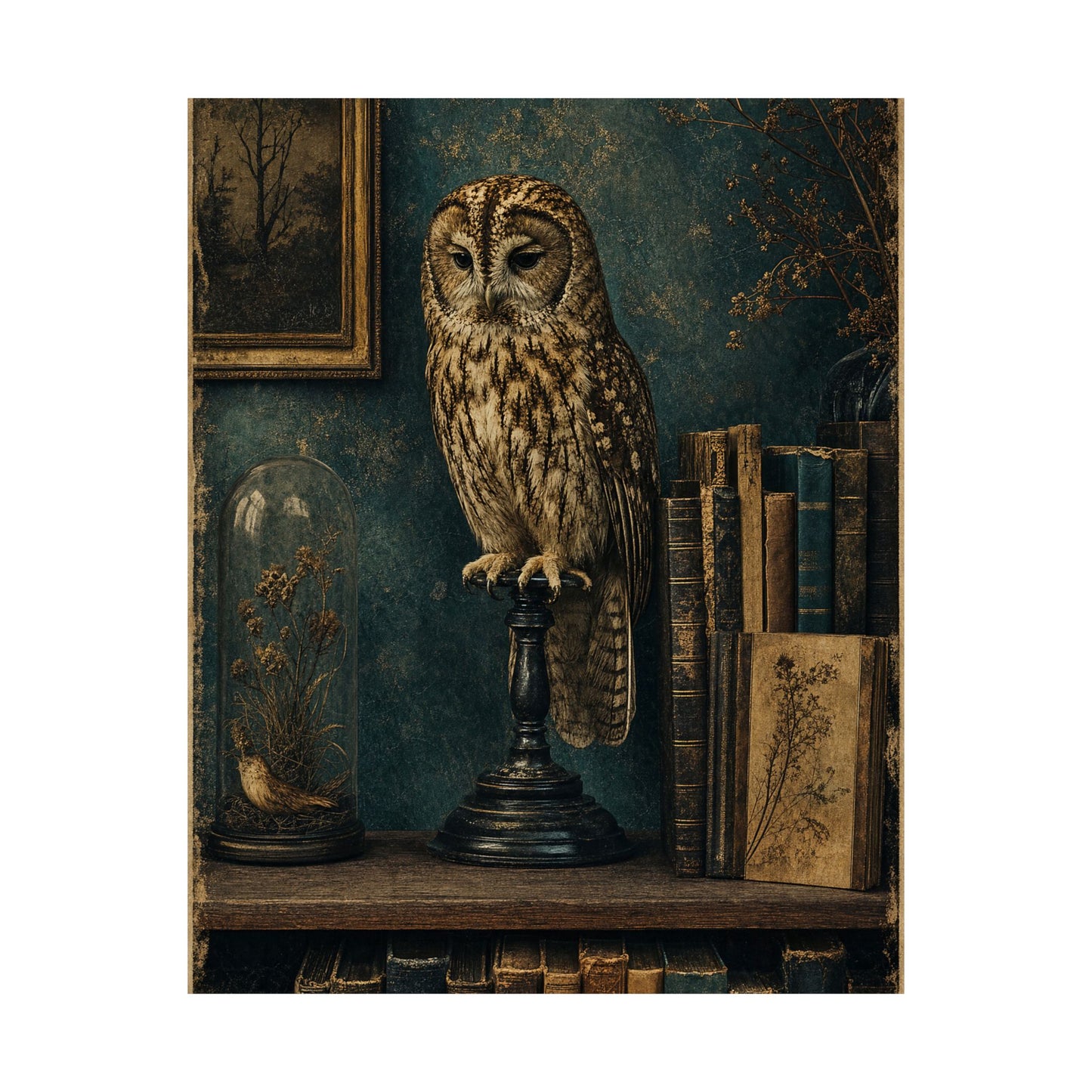 Taxidermy Owl On Bookshelf - Dark Academia Art Print (Matte Poster)