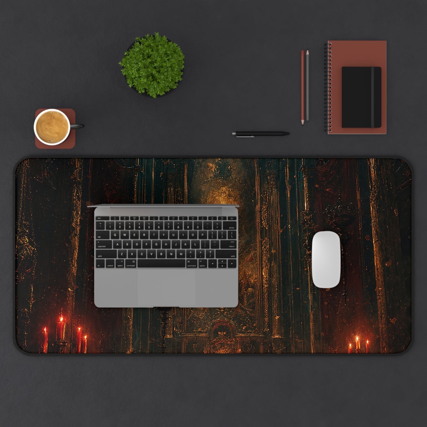 Dark Cathedral With Red Candles - Dark Fantasy Gaming Desk Mat