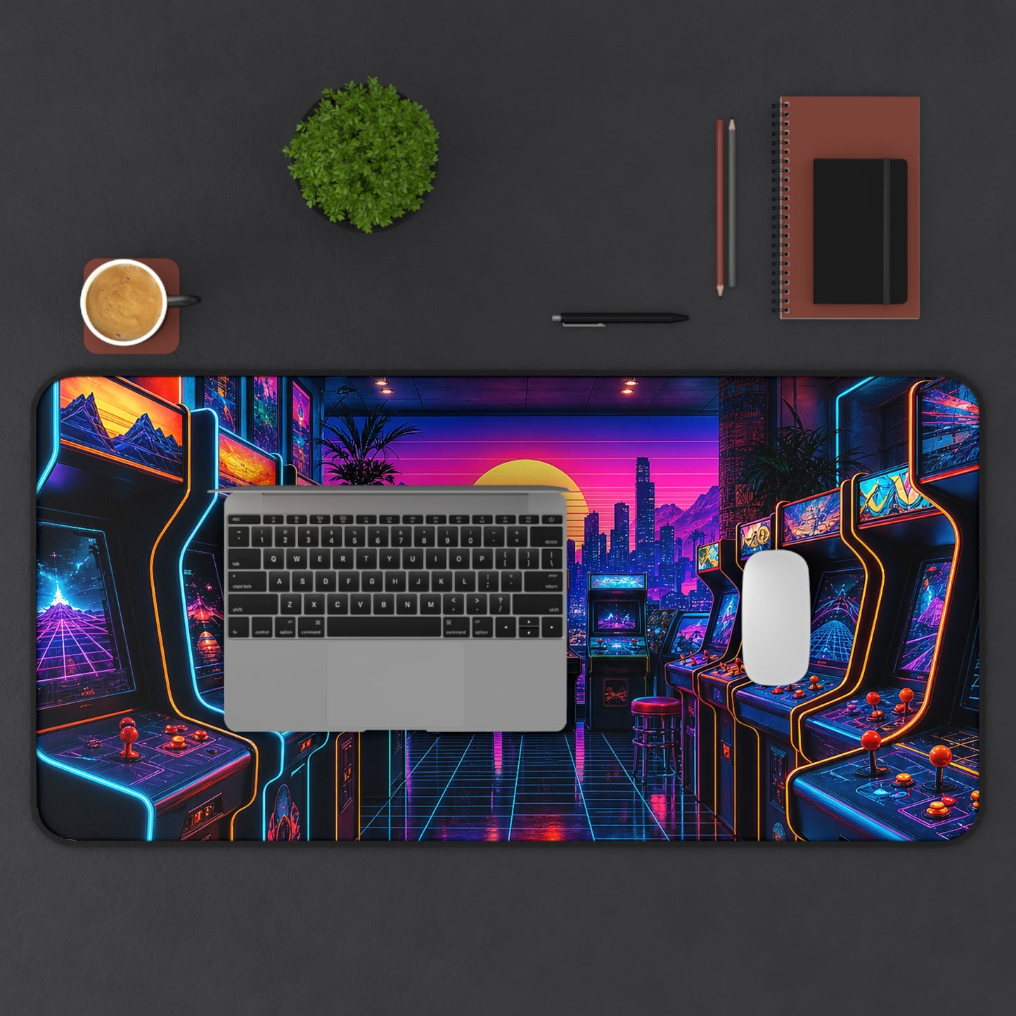 Neon Arcade With Multiple Cabinets - Gaming Culture Gaming Desk Mat