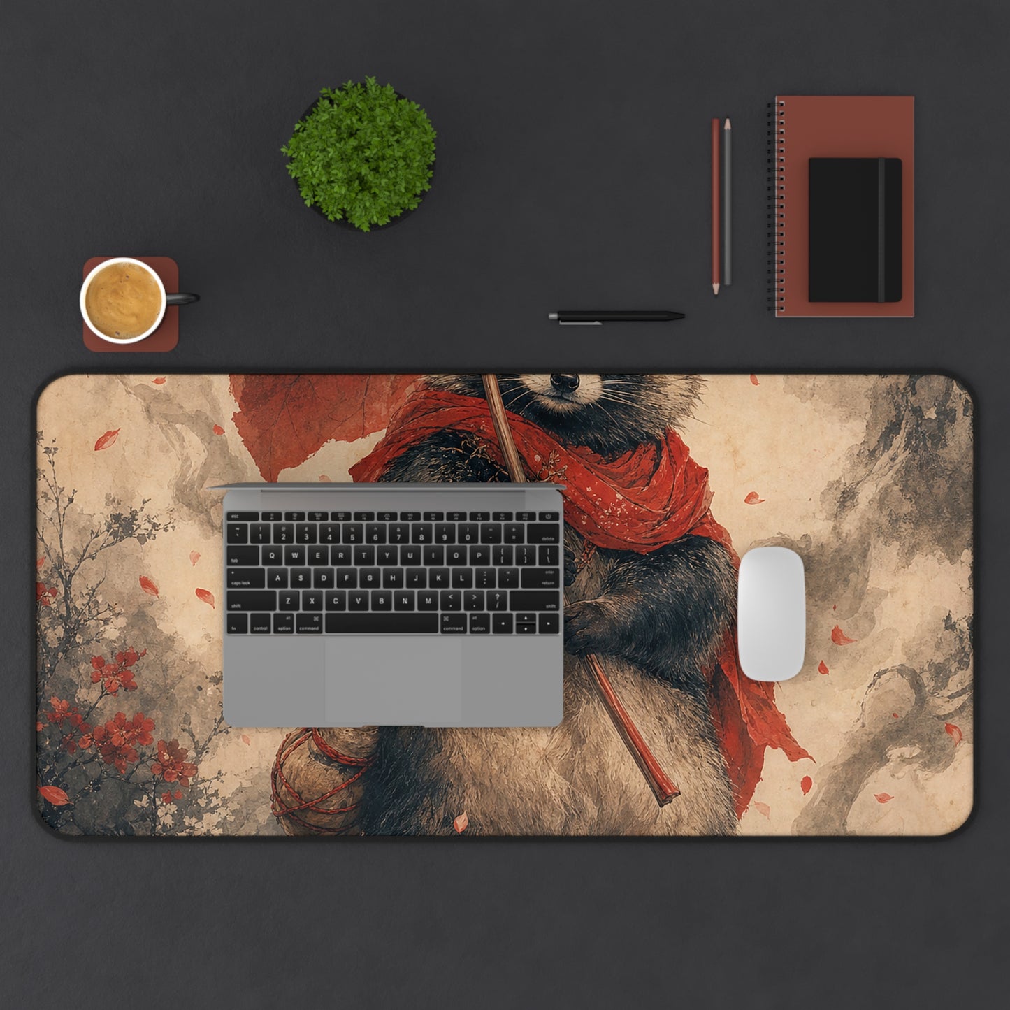 Tanuki With Giant Leaf - Japanese Mythology Gaming Desk Mat