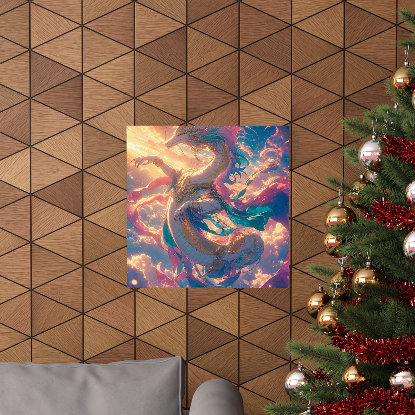 Celestial Dragon Dancing In Clouds - Anime Manga Art Print (Matte Poster)