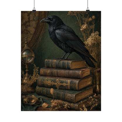 Raven On Stack Of Old Books - Dark Academia Art Print (Matte Poster)