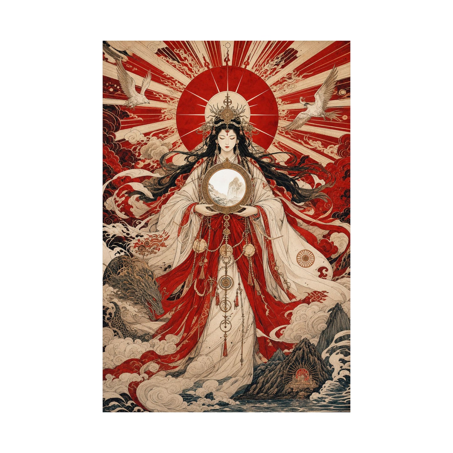 Amaterasu Sun Goddess With Mirror - Japanese Mythology Art Print (Matte Poster)