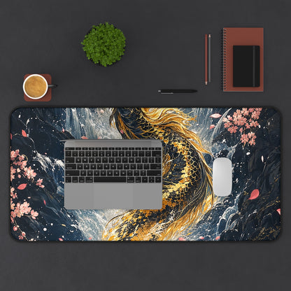 Koi Fish Swimming Upstream Becoming Dragon - Japanese Mythology Gaming Desk Mat