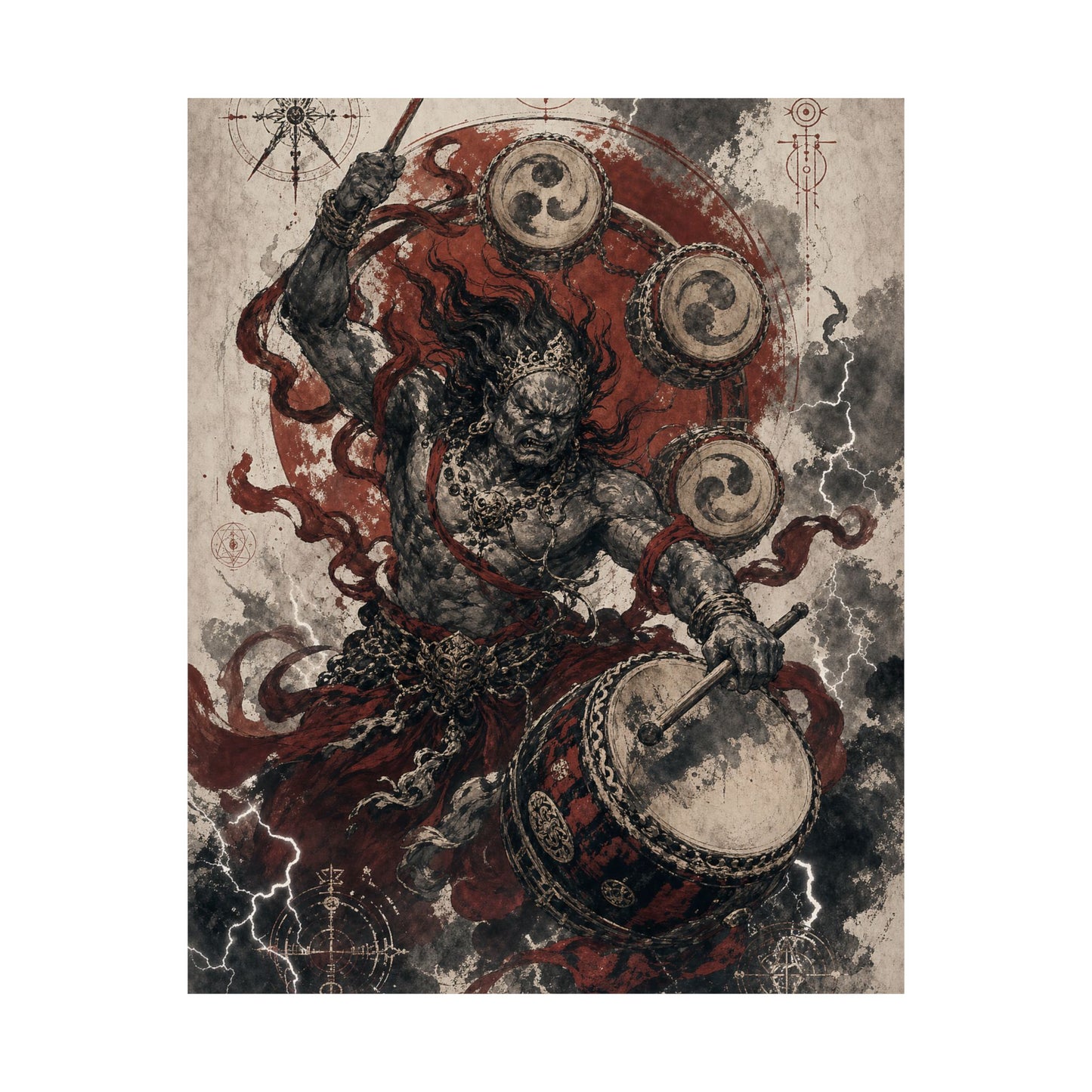 Raijin Thunder God With Drums - Japanese Mythology Art Print (Matte Poster)