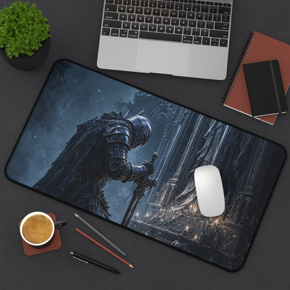 Dark Knight Kneeling Before Shrine - Dark Fantasy Gaming Desk Mat