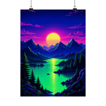 Synthwave Sunset With Mountains - Gaming Culture Art Print (Matte Poster)