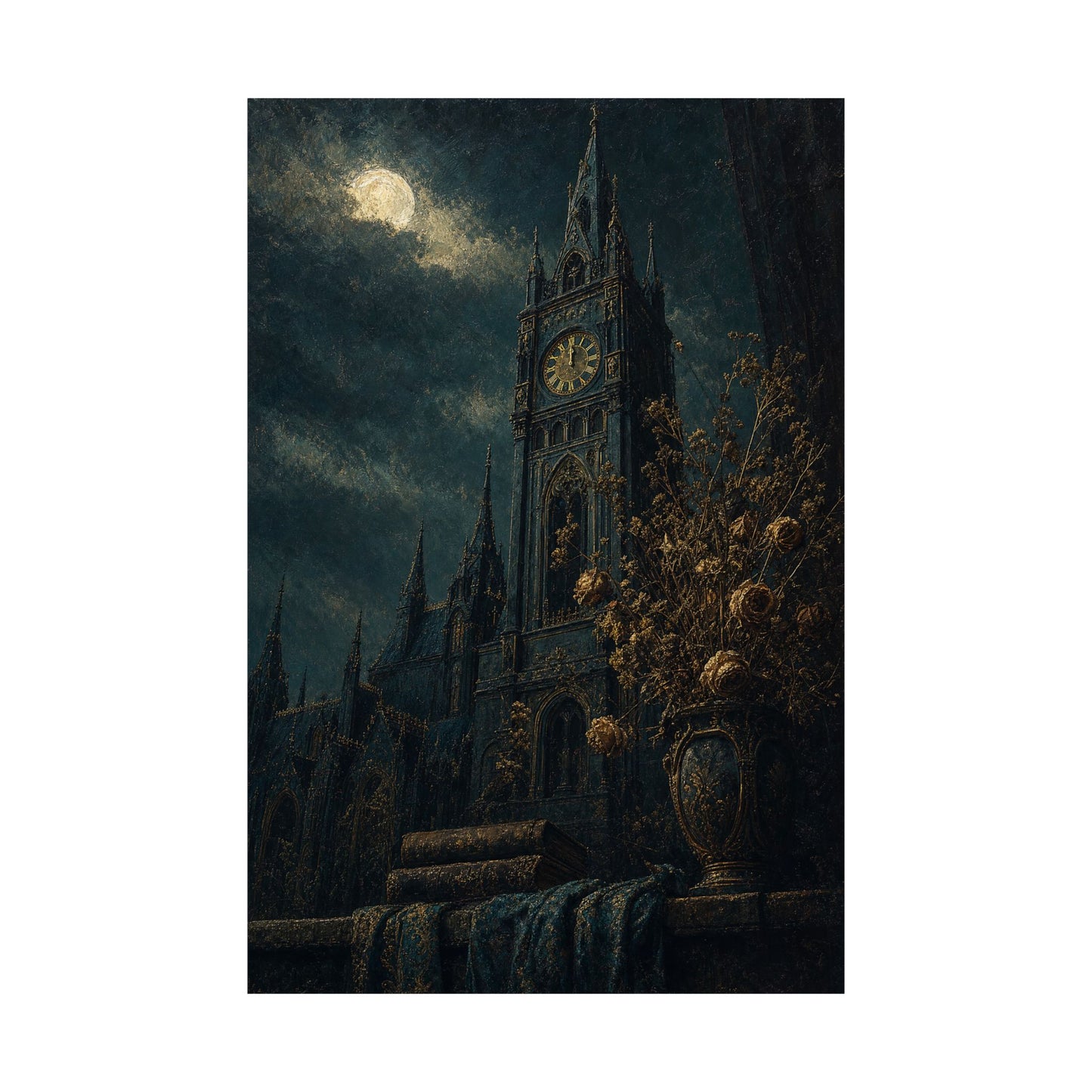 Clock Tower At Midnight - Dark Academia Art Print (Matte Poster)