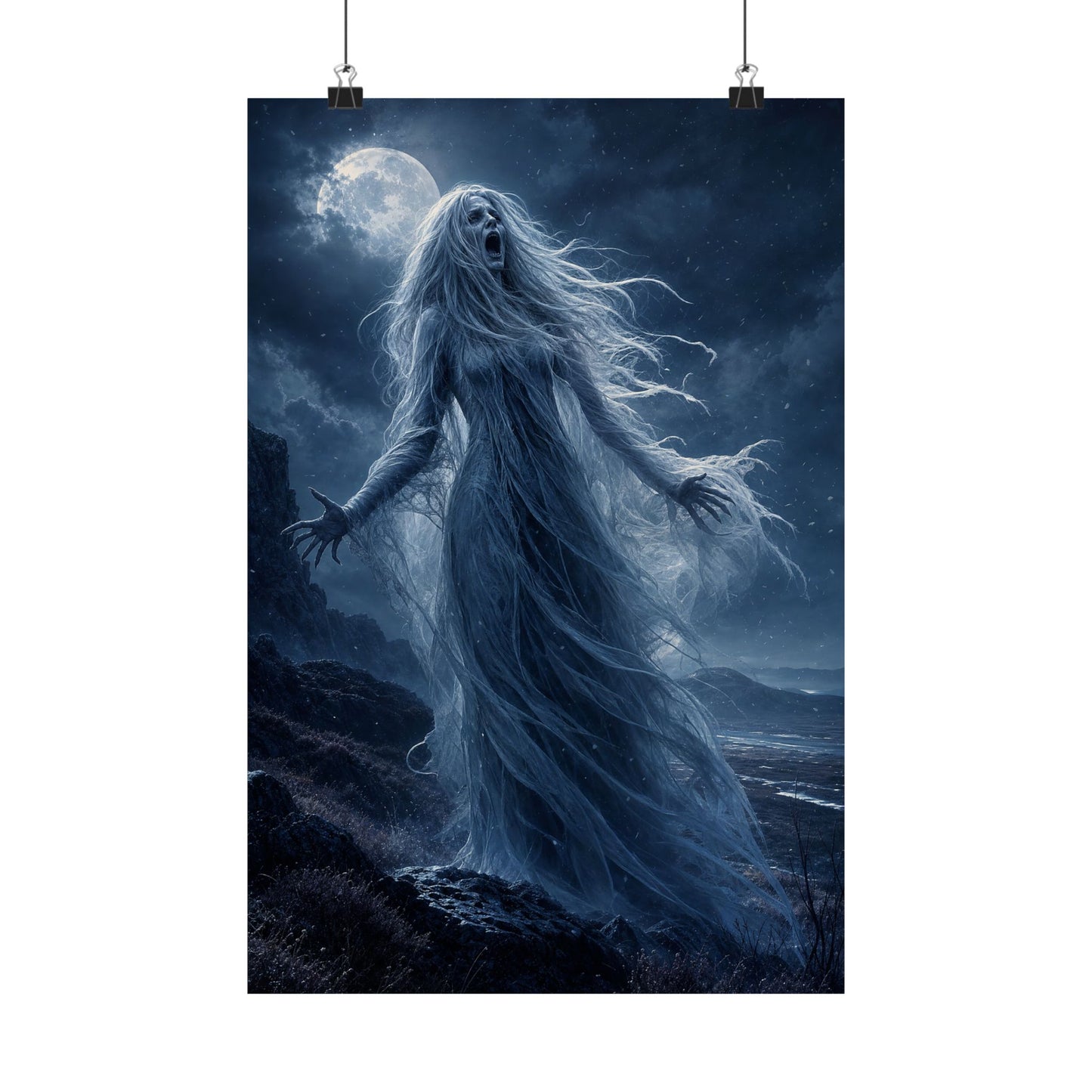 Banshee Wailing Over Moor - Dark Fantasy Art Print (Matte Poster)