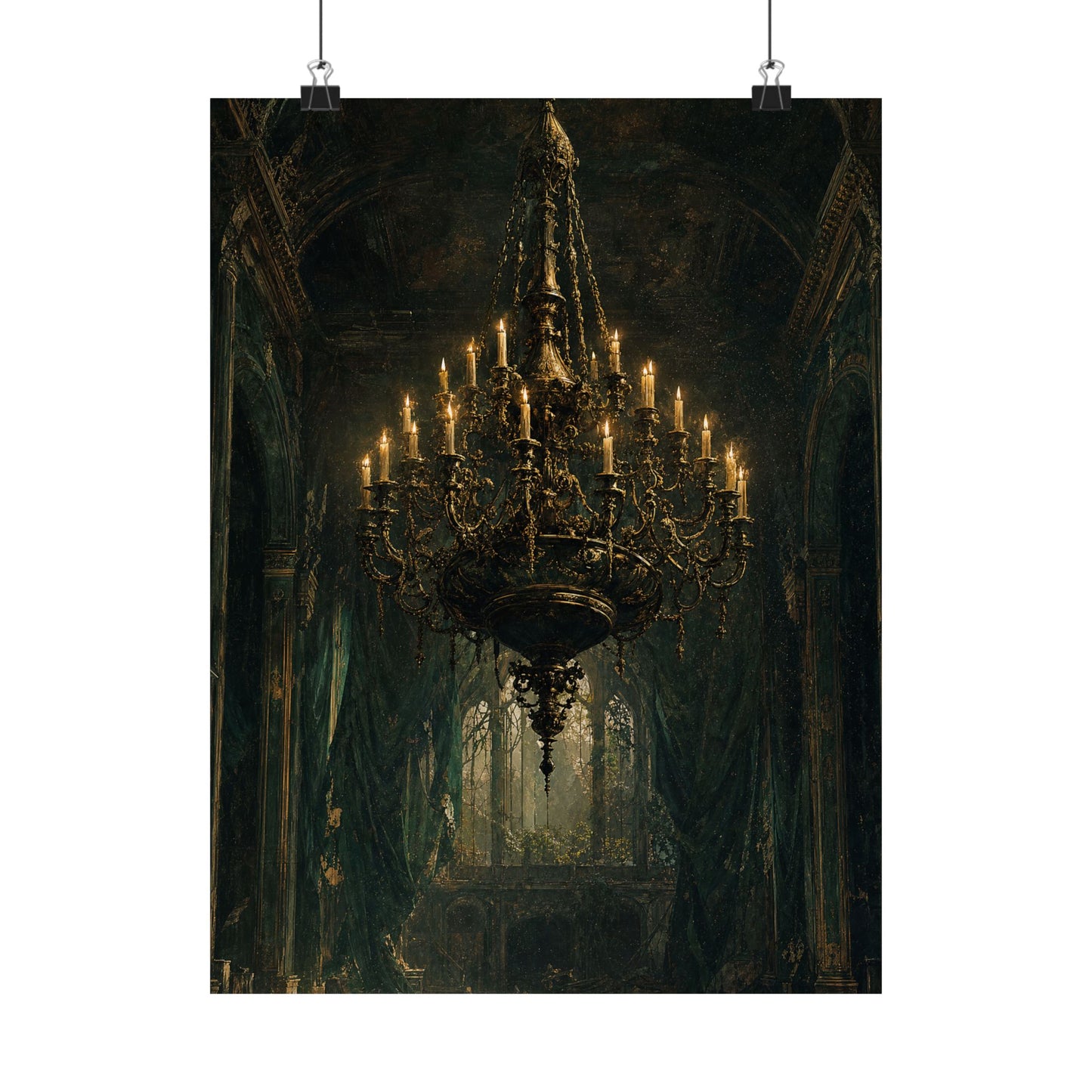 Chandelier In Ruined Hall - Dark Academia Art Print (Matte Poster)