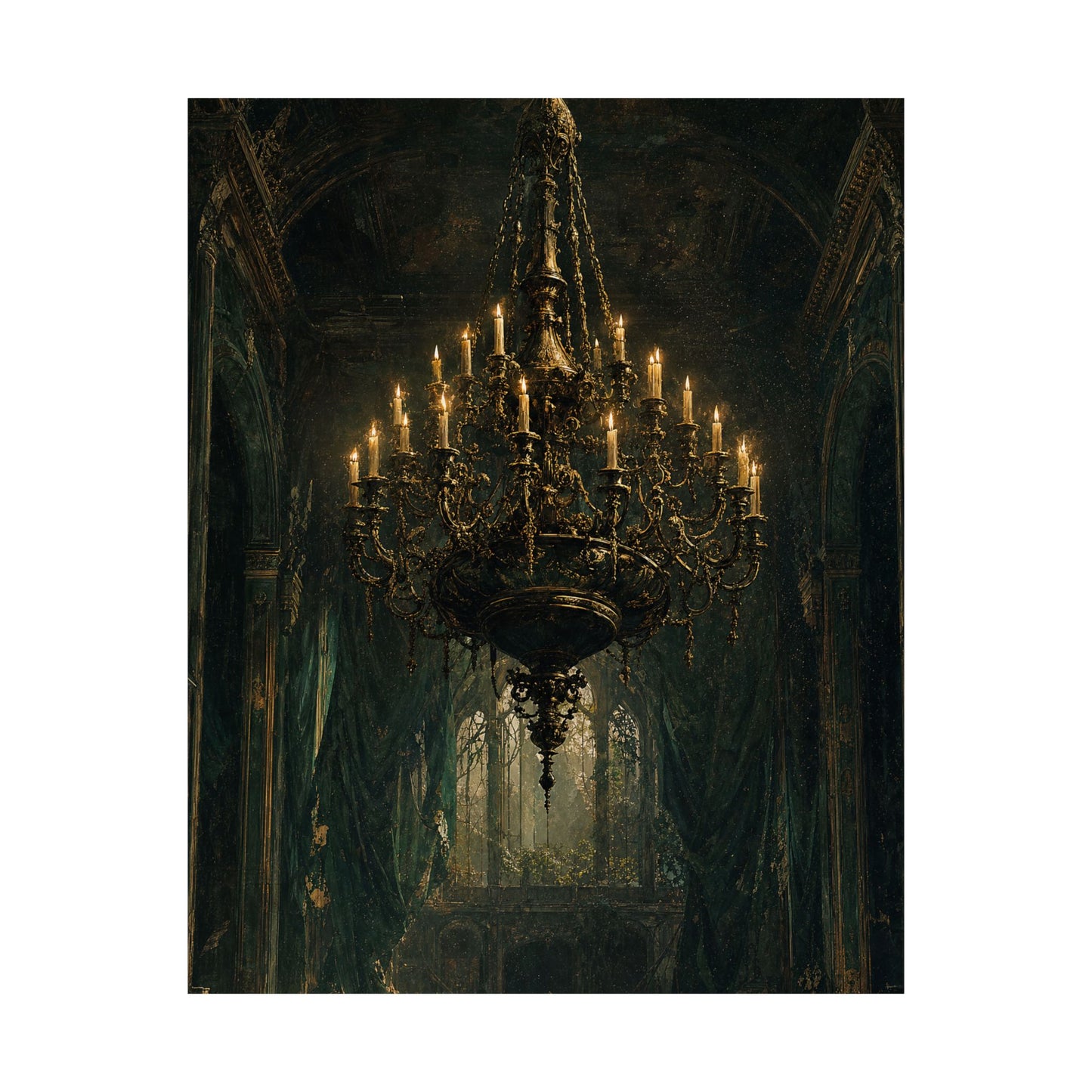 Chandelier In Ruined Hall - Dark Academia Art Print (Matte Poster)