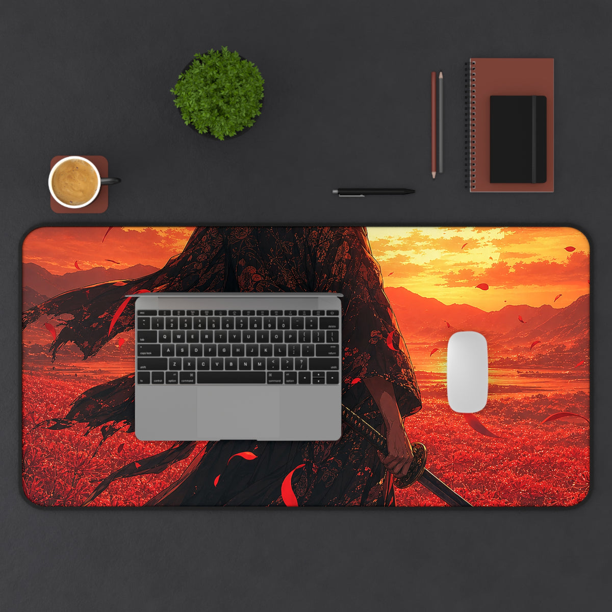 Lone Samurai And Red Spider Lilies - Anime Manga Gaming Desk Mat