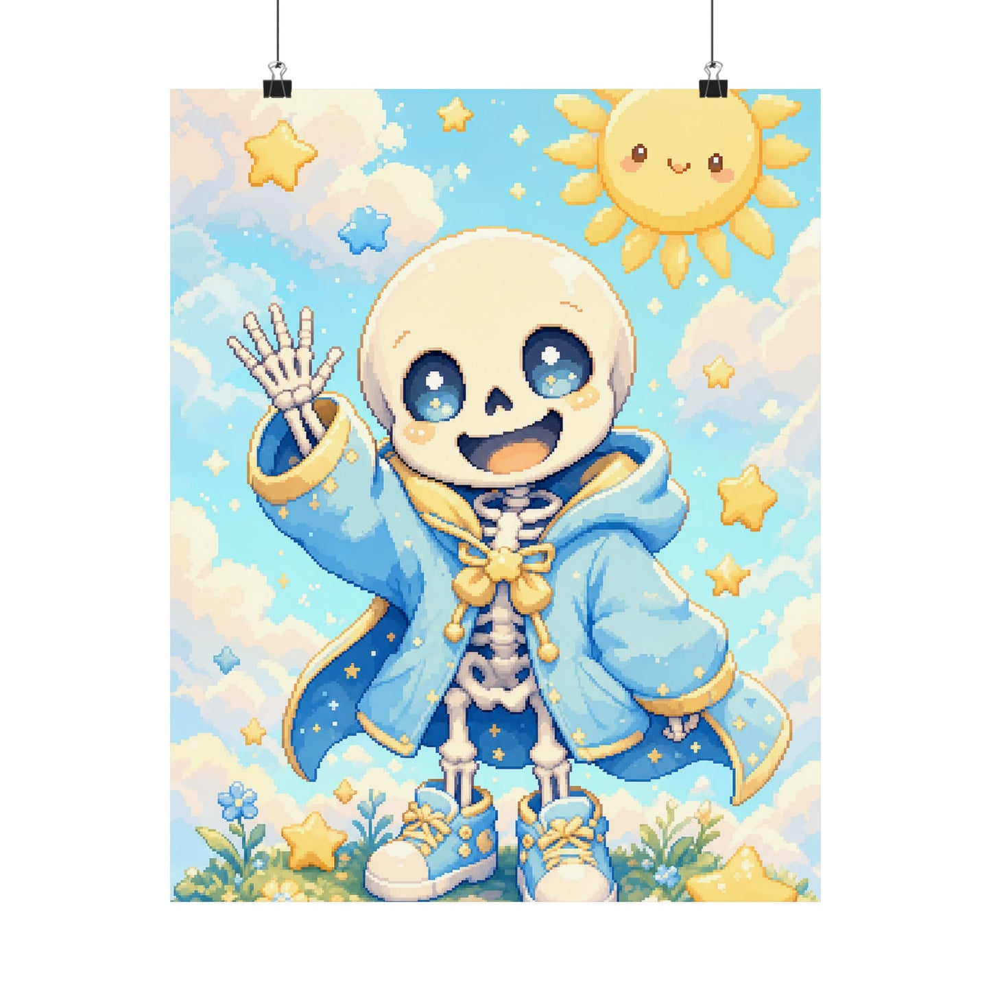 Chibi Skeleton Waving - Kawaii Gaming Art Print (Matte Poster)