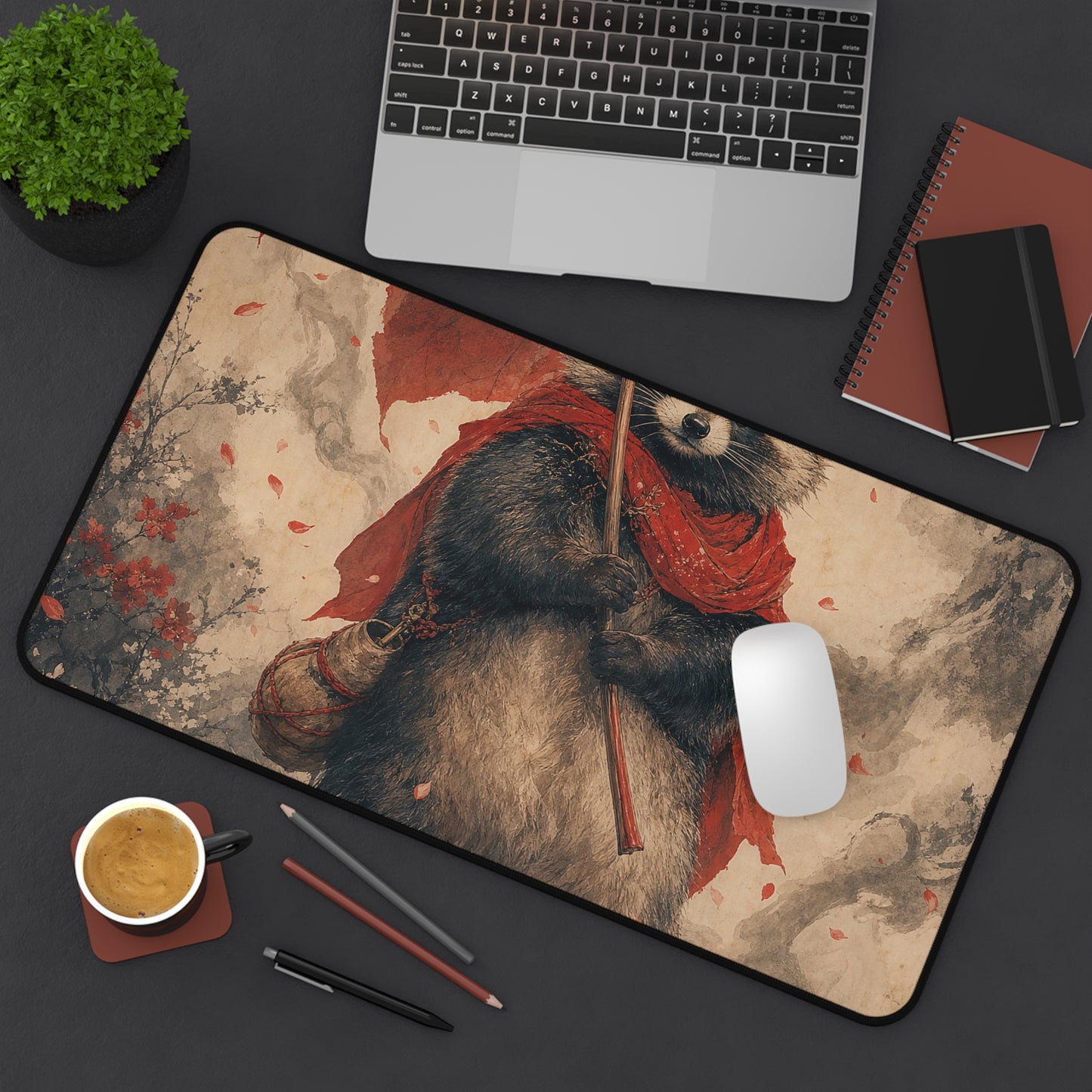 Tanuki With Giant Leaf - Japanese Mythology Gaming Desk Mat