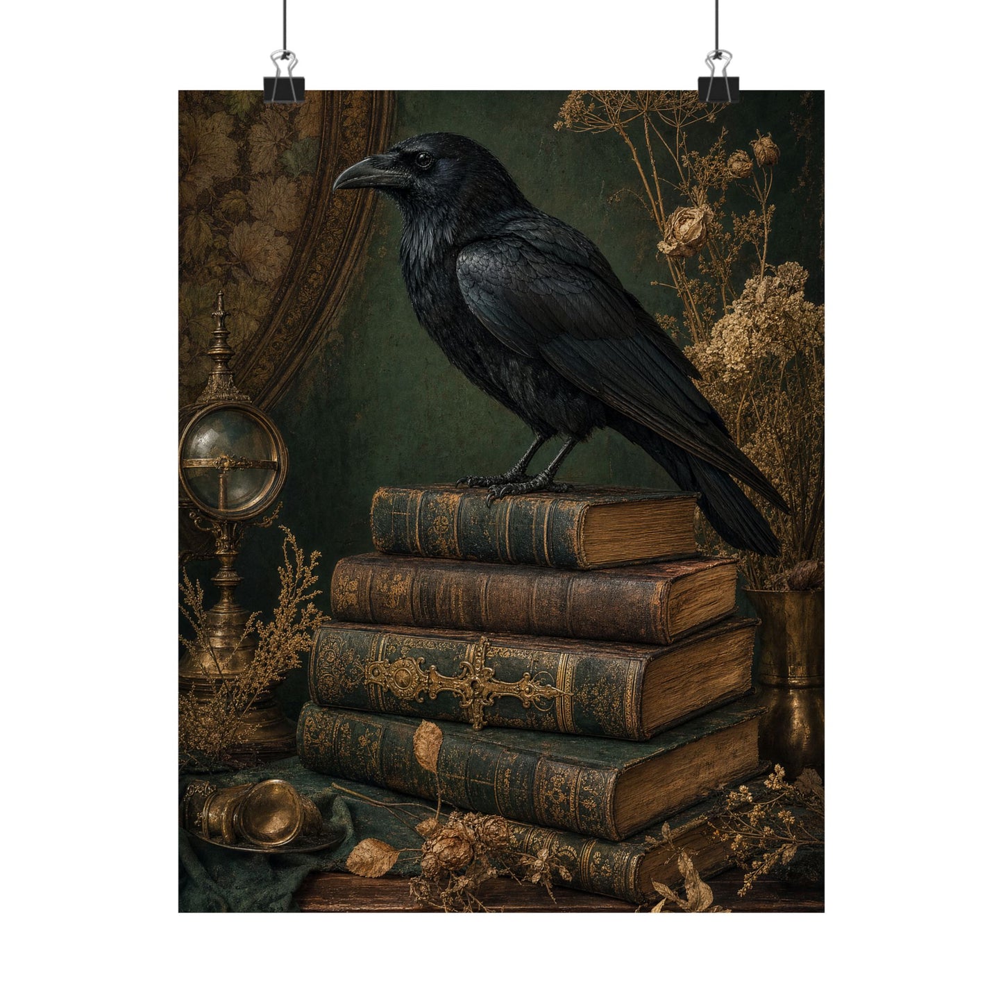 Raven On Stack Of Old Books - Dark Academia Art Print (Matte Poster)