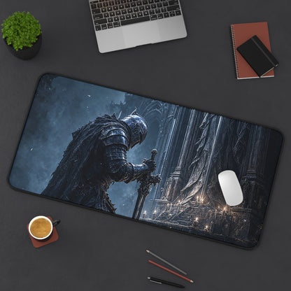 Dark Knight Kneeling Before Shrine - Dark Fantasy Gaming Desk Mat