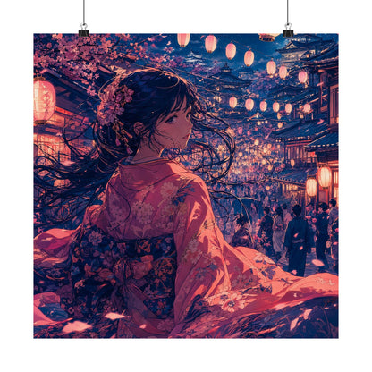 Street Festival With Paper Lanterns - Anime Manga Art Print (Matte Poster)