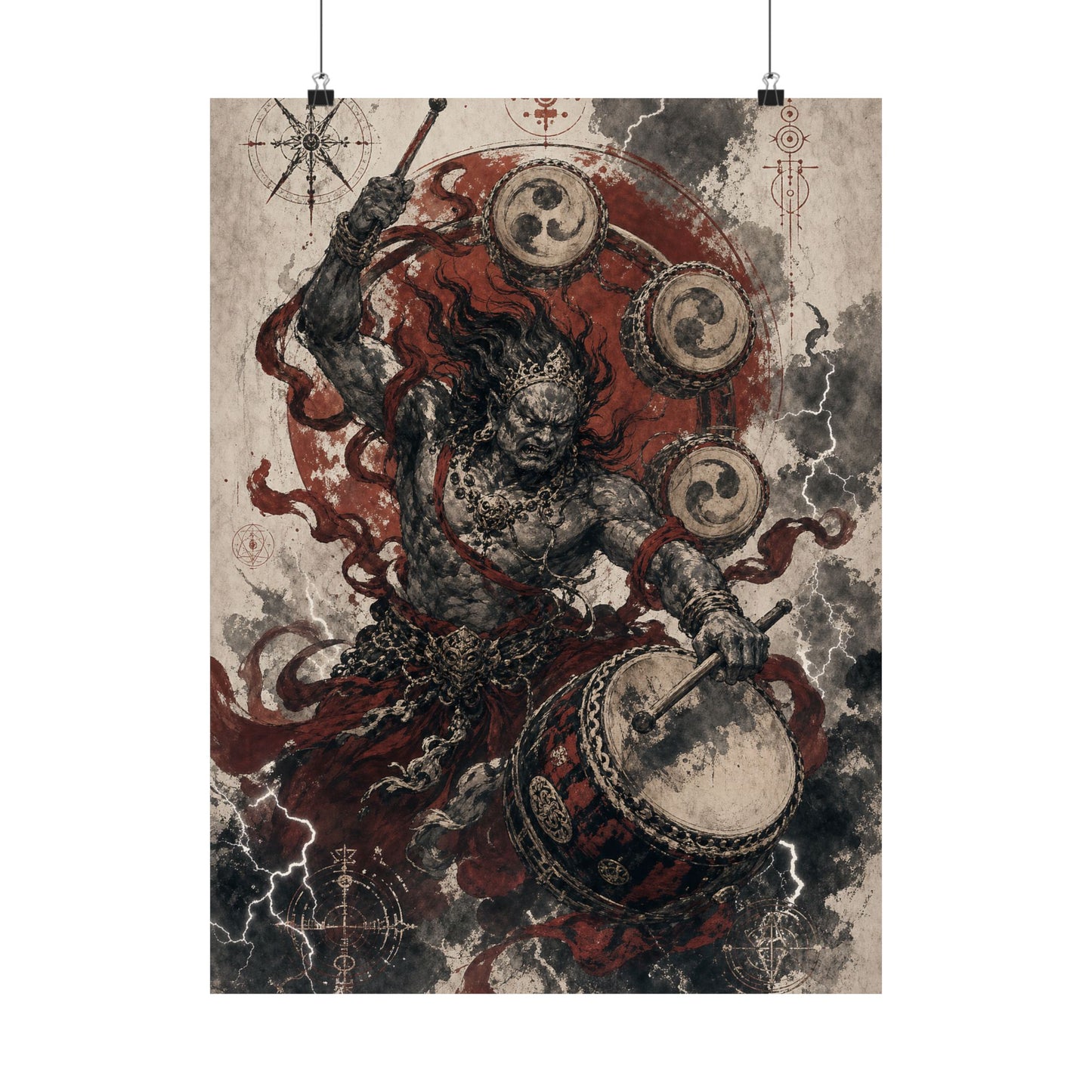 Raijin Thunder God With Drums - Japanese Mythology Art Print (Matte Poster)