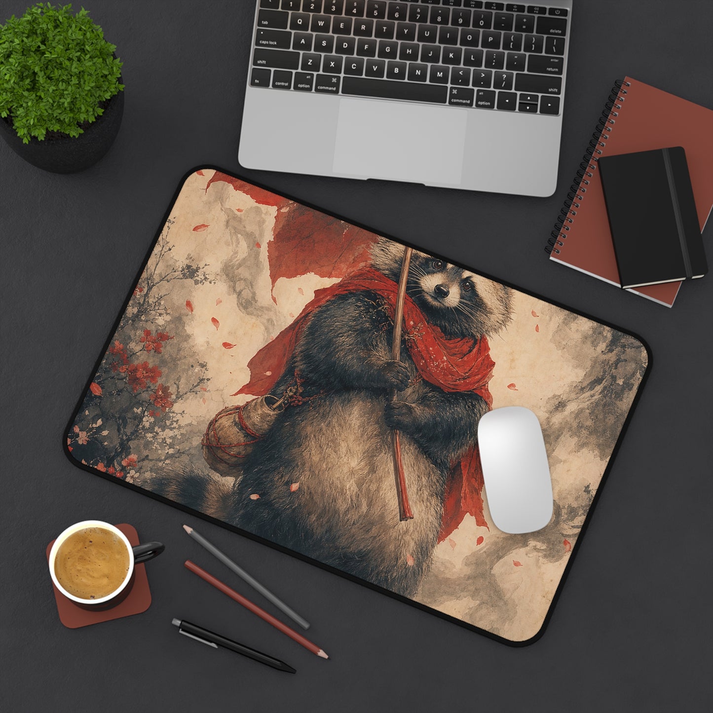 Tanuki With Giant Leaf - Japanese Mythology Gaming Desk Mat