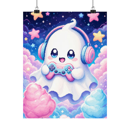 Cute Gaming Ghost With Controller - Kawaii Gaming Art Print (Matte Poster)
