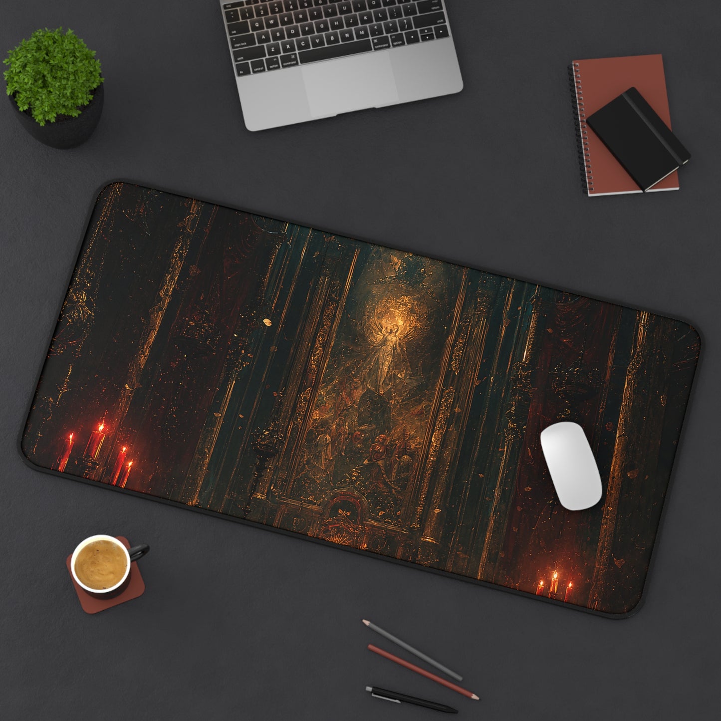 Dark Cathedral With Red Candles - Dark Fantasy Gaming Desk Mat